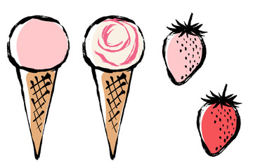 筆タッチのストロベリーフレーバーのアイスクリームのイラストセット