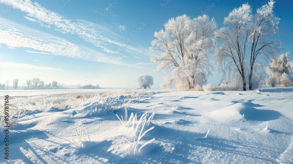 Poster winter scenery with snow covered ground and unique patterns wide panoramic view with copy space