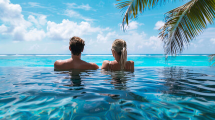 Couple relaxing in an infinity pool overlooking a tropical ocean, enjoying a serene and luxurious vacation moment.