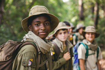 Boy scout group at summer camp, engaging in camping and survival activities amidst nature, with copy space for vacation enjoyment in the outdoors