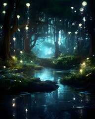 Beautiful fantasy forest in the moonlight. 3d rendering.