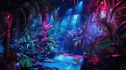 Cybernetic Jungle Stage: Futuristic jungle with this high-tech stage, featuring neon foliage, holographic animals, and augmented reality projections, blending the natural world with advanced technolog