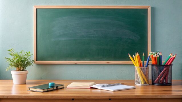 A tidy, empty classroom desk holds a freshly erased chalkboard, surrounded by essential supplies like pencils, notebooks, and a ruler, evoking a sense of new beginnings.,hd,8k.