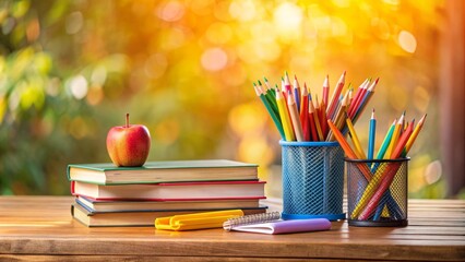 Colorful array of school supplies and books arranged on a wooden desk against a warm, blurred background reminiscent of a cozy classroom atmosphere.,hd,8k.