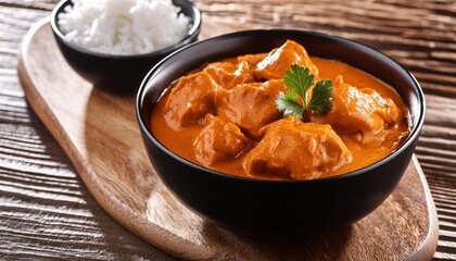 indian butter chicken in black bowl on wooden table