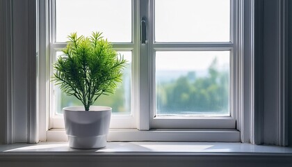 green plant on the windowsill artificial flower in a white pot on the windowsill