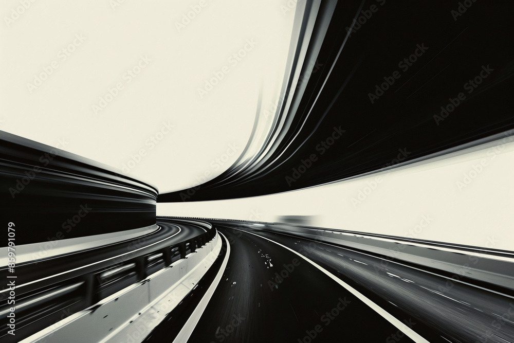 Poster abstract depiction of a road with sweeping curves and bold black-and-white contrasts creating a dyna