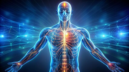 3D Illustration Of A Manikin With Glowing Network Connections Representing The Nervous System.