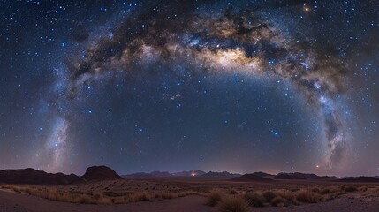 Fototapeta premium The Milky Way galaxy arching over a desert landscape, billions of stars, clear night sky, panoramic view, celestial spectacle.,