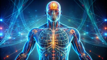 3D Illustration Of A Human Body Showing Nervous System And Brain Activity.
