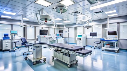 Modern Hospital Operating Room Interior With Surgery Table, Medical Equipment And Bright Lights