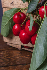 ripe cherries in a box on the table close up