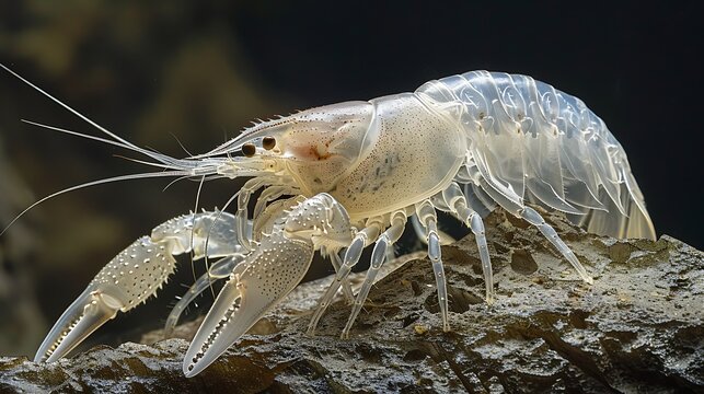 A macro photo of a molting crayfish, its translucent new exoskeleton partially emerged from the old, discarded shell. Strands of the old shell cling to the new, revealing the intricate details of the