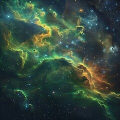 Fototapeta premium Galactic nebula with swirling green and yellow clouds, bright stars, dark space, panoramic view, aweinspiring expanse.