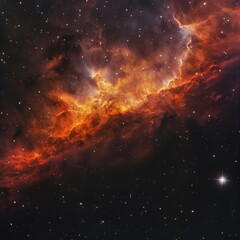Fototapeta premium Fiery red and orange nebula, dense gas clouds, black space backdrop, bright stars, wideangle lens, dramatic cosmic scene.,