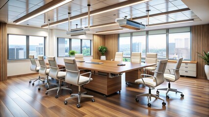 Modern Conference Room Interior With Large Windows, Wooden Table, And Comfortable Chairs.