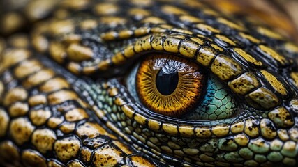 Fototapeta premium Close-up of a green iguana with wild eyes, scales, and skin, a reptile in the wild