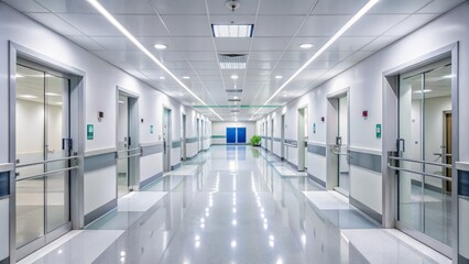 Fototapeta premium The Hospital Corridor Is Long, Brightly Lit, And Lined With Doors.