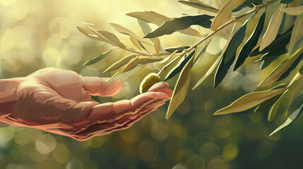 World Peace Day is the olive branch extended in friendship: Illustrate an olive branch being offered as a symbol of peace and goodwill, symbolizing the peaceful intentions of World Peace Day