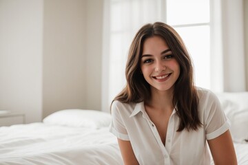 Portrait of a young woman in a loose white shirt sitting on the bed, smiling and looking at the camera. relaxing, smooth, and soft atmosphere.