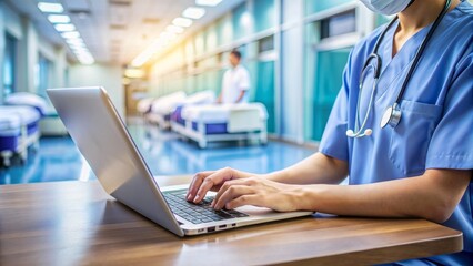 Doctor Or Nurse Using Laptop Computer While Working In The Hospital.