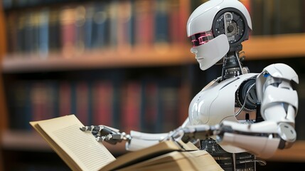 Fototapeta premium Robot reading a book in a library, showcasing artificial intelligence and futuristic technology in an educational setting.