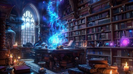 Sorcerer's library with magical books and artifacts casting spells
