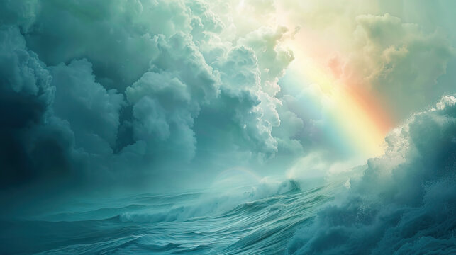Peace is the calm after the storm of conflict: Depict a storm clearing and a rainbow appearing, symbolizing the peace that follows periods of conflict.