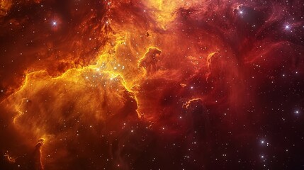 Naklejka premium Red and yellow stellar nursery, dense nebula, starforming regions, dark background, midshot, vibrant cosmic cradle.