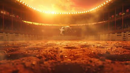 Rodeo is the hush of anticipation before a bull ride: Visualize a close-up of a rodeo arena in silence before a bull ride, symbolizing the tense and exciting moments leading up to a ride