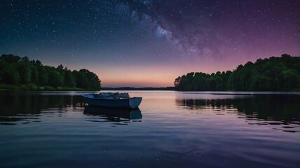 Beautiful sunset over calm lake, boat reflecting on tranquil water, sky painted in hues of orange and blue and milkyway