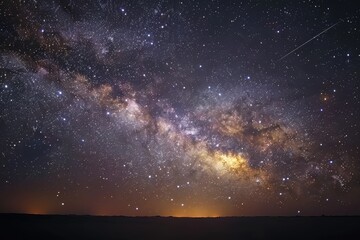 Milky Way galaxy with a meteor shower, shooting stars, dark backdrop, vibrant galaxy core, wideangle lens, cosmic event.,