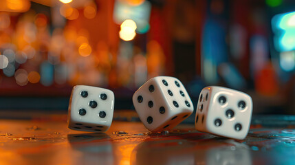 Honky-tonk is the clatter of dice on a barroom table: Picture a close-up of dice rolling on a barroom table, symbolizing the casual and playful nature of honky-tonk entertainment.