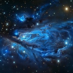 Blue and silver nebula, wispy tendrils, sparkling stars, deep space background,