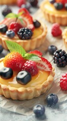 Delicious fruit tarts topped with fresh berries and creamy custard, perfect for a sweet dessert treat. Bright and colorful presentation.