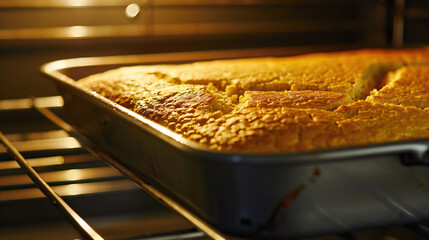 Country western is the aroma of freshly baked cornbread: Illustrate a close-up of a pan of cornbread coming out of the oven, symbolizing the comforting and homey flavors of country cooking