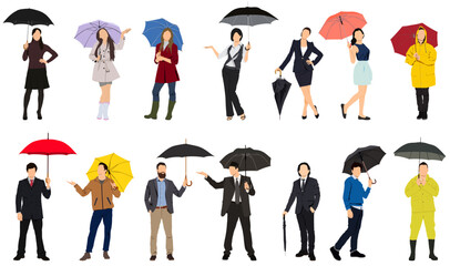 Collection of people walking under umbrella on autumn rainy day isolated on white background. Crowd of men and women under rain or rainfall. Colorful vector illustration in modern flat style.