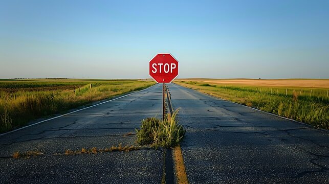 A stop sign on the side of an empty road with rice fields in the background and a clear sky symbolizes the message. About attracting new business and growing your brand through social media marketing.