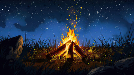 Naklejka premium Country western is the crackle of a campfire under the stars: Depict a close-up of a campfire crackling and flickering, symbolizing the warmth and camaraderie