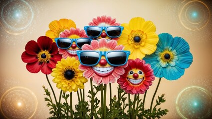 A cinematic photograph of whimsical flowers, digitally manipulated to wear comical, oversized sunglasses and smiling faces, set against a soft, creamy background of warm beige and gentle pastel hues