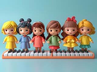 Children in a music class, education concept, 3D illustration, lively colors, isolated on white background Minimalism,
