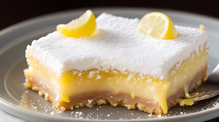 A luscious slice of lemon dessert bar featuring a smooth, creamy lemon filling sandwiched between a buttery shortbread crust and a layer of fluffy, powdered sugar-dusted whipped cream
