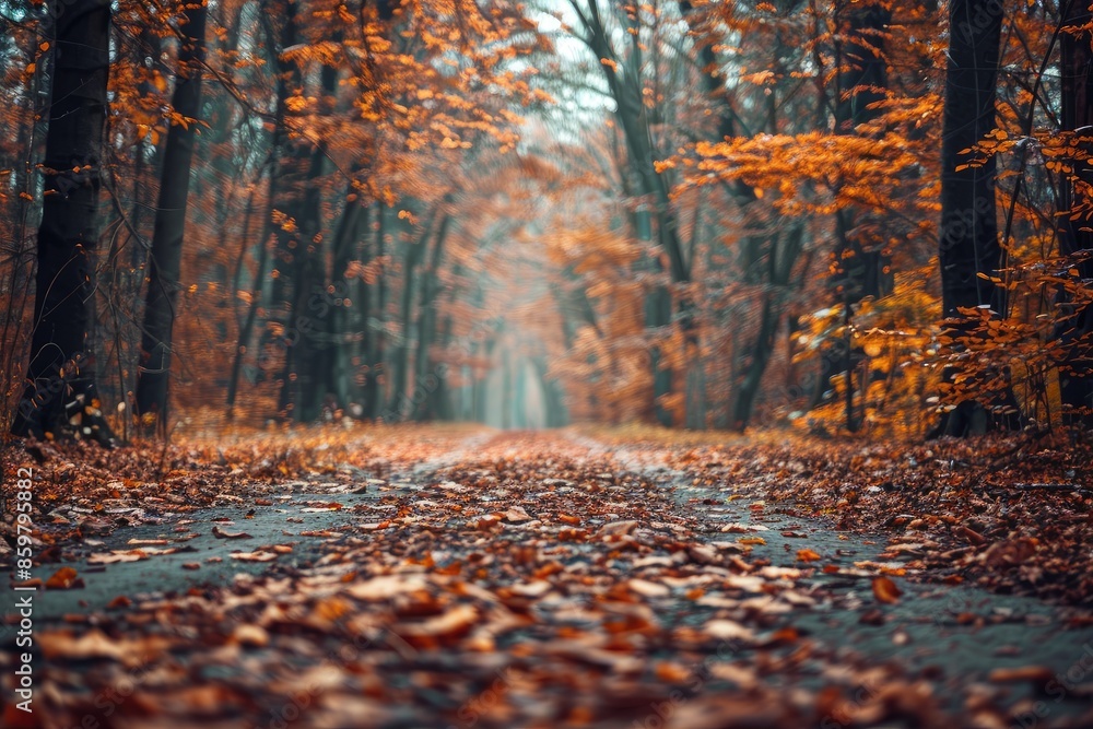 Poster a forest path is covered in autumn leaves. the leaves are scattered all over the ground, creating a 