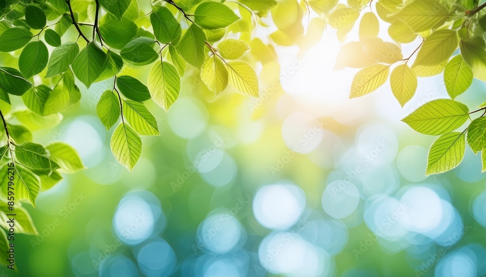 Wall mural blurred bokeh portrait background of fresh green spring summer foliage of tree leaves with blue sky 