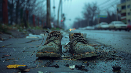 Two dirty shoes are on the ground in front of a building