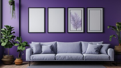Minimalist Living Room with Purple Walls and a Gray Sofa