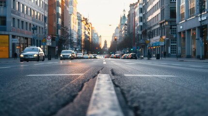 Fototapeta premium A bustling city street with modern architecture and a clear sky, perfect for a clean, uncluttered view