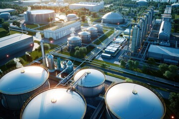 Aerial view of an industrial complex with large storage tanks, pipelines, and buildings surrounded by greenery and pathways.