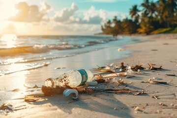 Obraz premium A bottle of water is laying on the beach, surrounded by trash. Concept of pollution and environmental degradation, as the beach is littered with waste