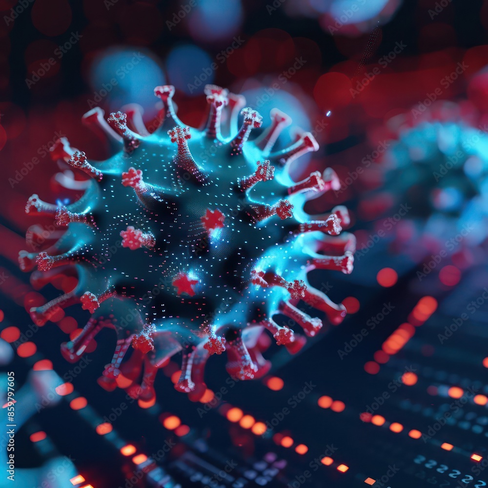 Poster a closeup of a holographic virus attacking digital data, with room for text in the background